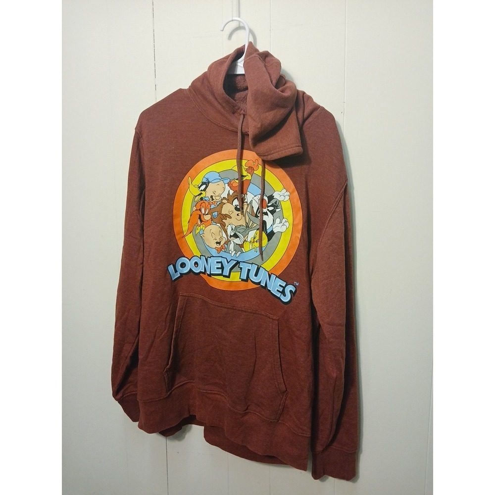 Looney Tunes Hoodie Mens Large Red Cotton Long Sleeve Drawstring Pullover